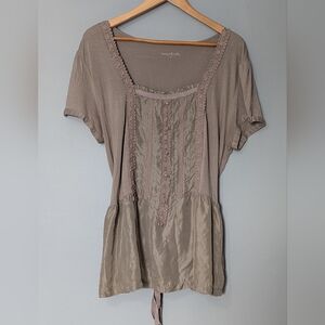 Taupe Women’s Boho-Chic Short Sleeve Blouse Square Neckline Milkmaid Greige